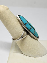 Vintage Navajo SMS Sterling Silver Turquoise Inlay Marquise Shaped Ring