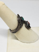 Vtg Navajo BH Sterling Silver Turquoise & Coral Flower Feather Bypass Ring Size7