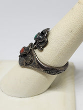 Vtg Navajo BH Sterling Silver Turquoise & Coral Flower Feather Bypass Ring Size7