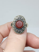 Vintage Uncas Sterling Silver Red Rhinestone And Marcasite Ladies Oval Ring