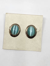 Vintage Sterling Silver Pair Of Oval Blue Cats Eye Stud Earrings