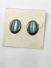 Vintage Sterling Silver Pair Of Oval Blue Cats Eye Stud Earrings