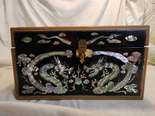 Antique Chinese Black Lacquer Mother Of Pearl Dragon And Phoenix Jewelry Box