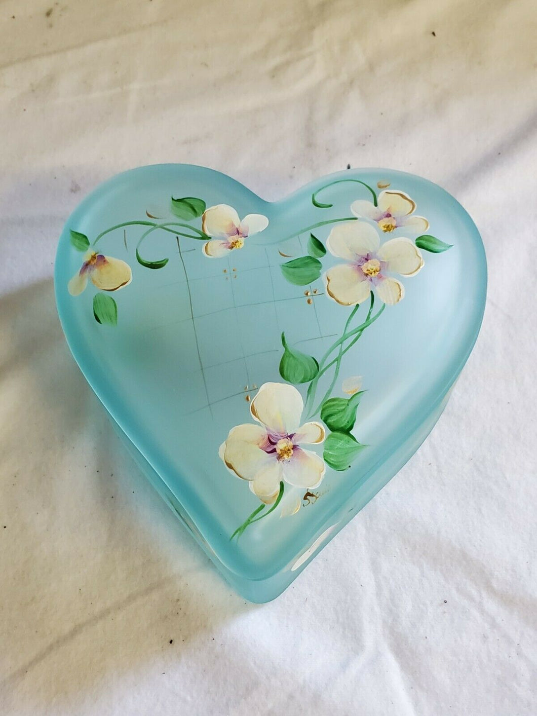 Fenton Hand Painted Blue Glass Heart Jewelry Box Signed Nancy & Lynn Fenton