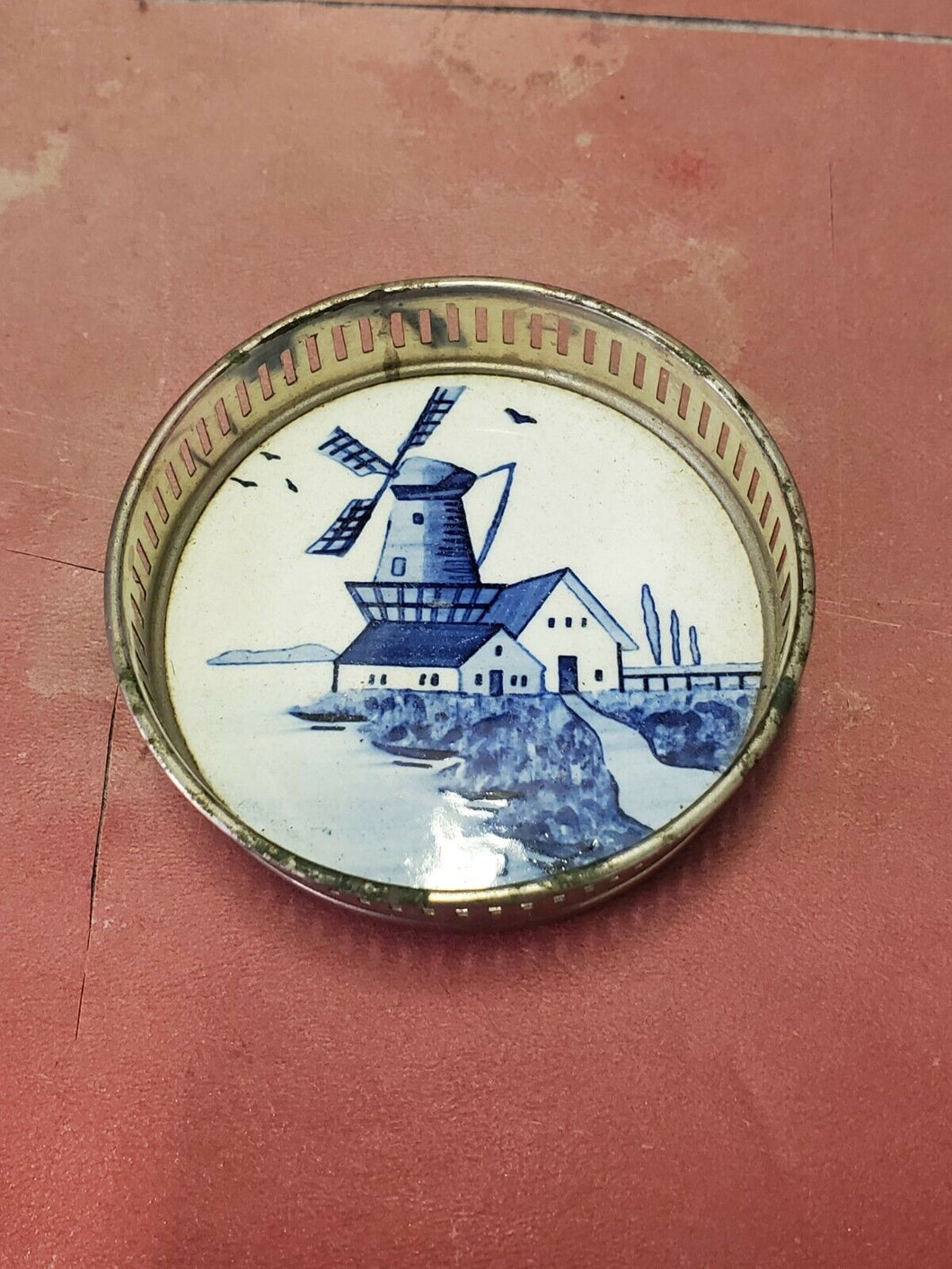 Vintage Delft Germany Porcelain & Metal Round Coaster Blue Hand Painted Windmill