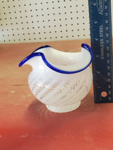 Vintage Fenton White Swirl Blue Edge Ruffled Vase Stamped