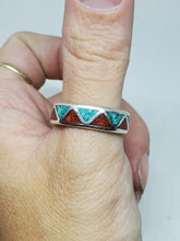Vintage Sterling Silver Navajo Turquoise And Coral Chip Inlay Triangle Band Ring