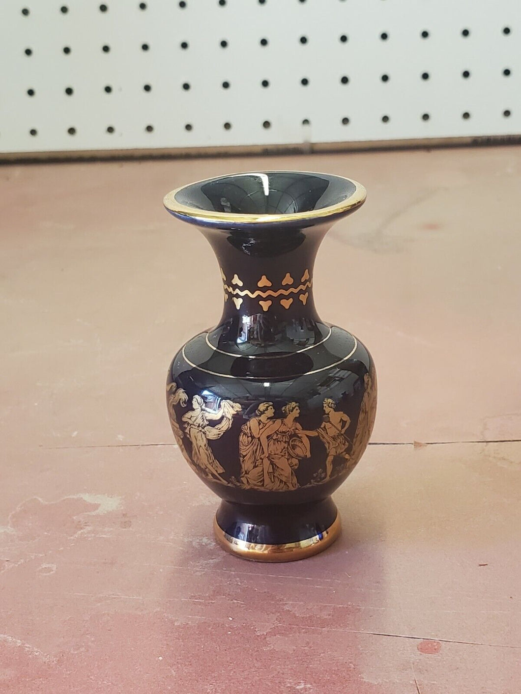 Vintage Greek Handmade Black Bud Vase 24k Gold Designs 3 1/2