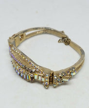 Vintage Art Deco Designer AB Crystal Baguette Rhinestone Hinged Cuff Bracelet
