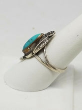 Vintage Navajo Old Pawn Sterling Silver Floral Feather Oval Turquoise Ring