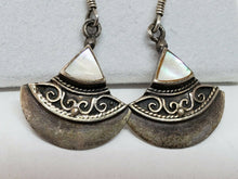 Sterling Silver Mother of Pearl Filigree Triangular Dangle Earrings