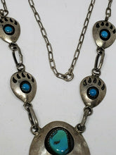Vintage Navajo Sterling Silver Turquoise Bear Paw Feather Dangle Necklace