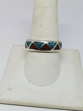 Vintage Sterling Silver Navajo Turquoise And Coral Chip Inlay Triangle Band Ring