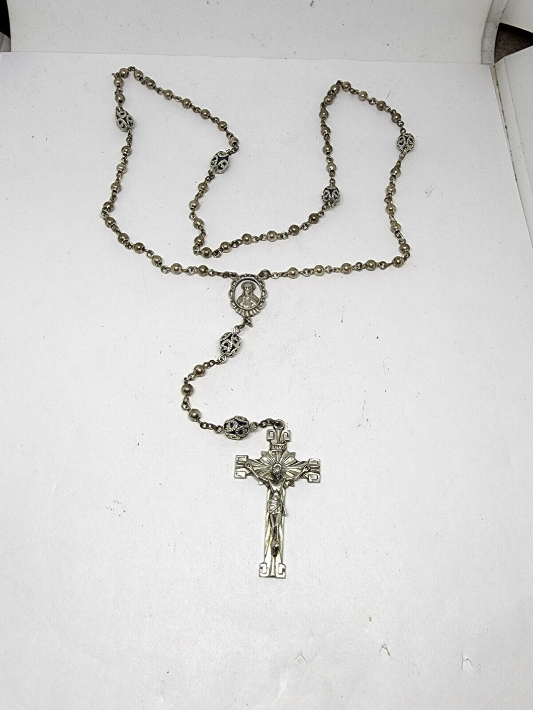 Vintage Sterling Silver Creed Cross Filigree Encased Blue Rhinestone Rosary