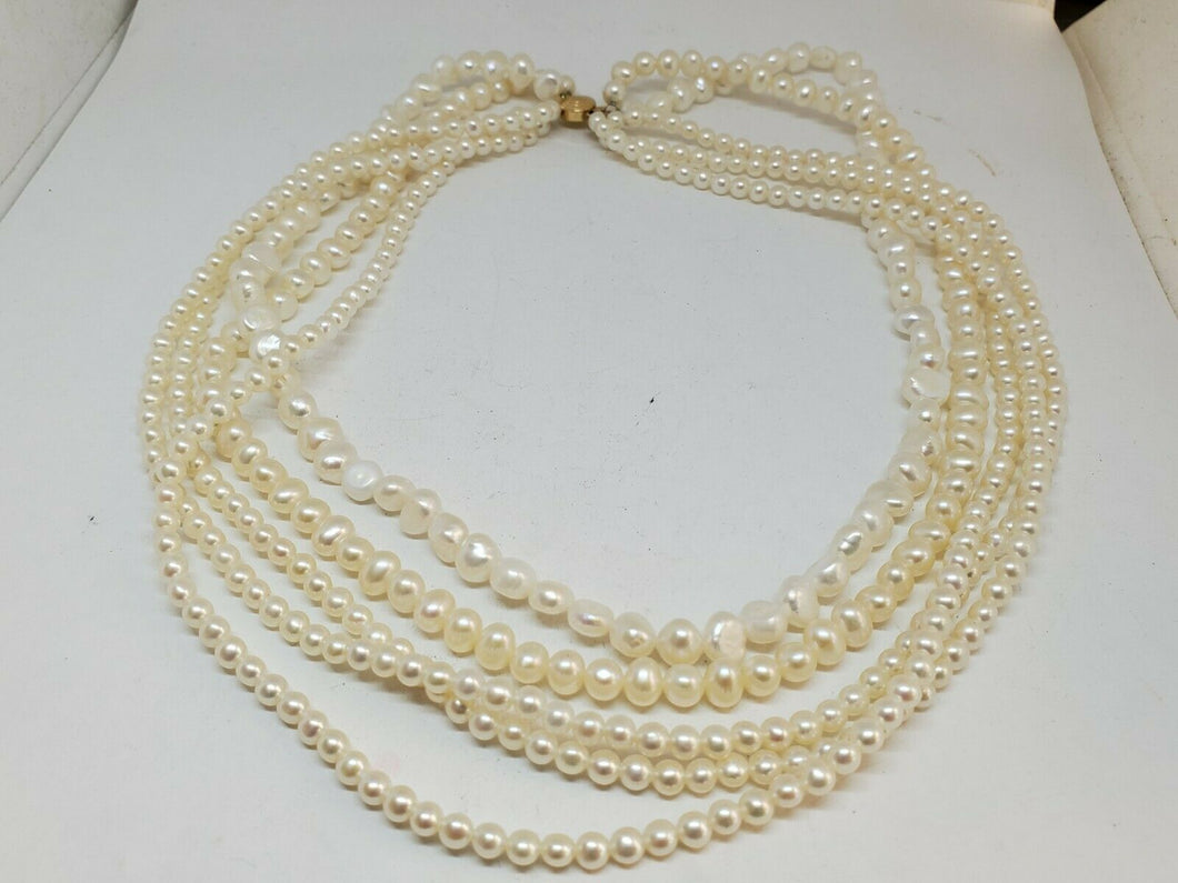 Vintage 14k Yellow Gold 5 Strand Cream Freshwater Cultured Pearl Necklace