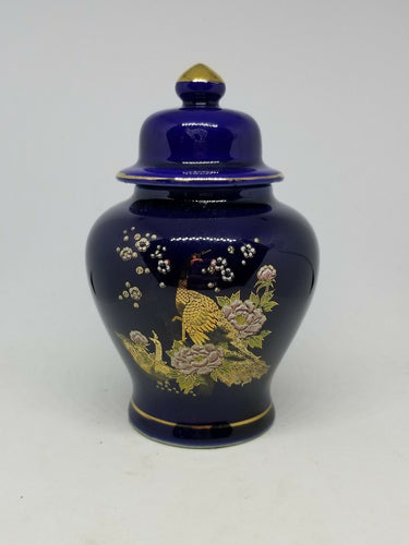 Vintage Japanese Export Cobalt Cloisonne Pheasant Miniature Ginger Jar
