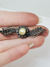Vintage Sterling Silver Marcasite And Faux Pearl Leaf Swirl Brooch Broken Clasp
