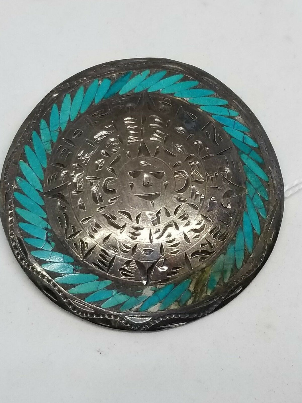Vintage Sterling Silver Aztec Mexican Turquoise Inlay Etched Pendant Brooch