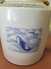 Vintage Chinese Dragon And Koi Fish Blue And White Teapot Bamboo Handle