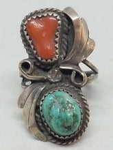 Vintage Native American Navajo Sterling Silver Turquoise and Coral Ring