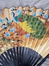Vintage Huge Hand Painted Peacocks Japanese Folding Fan Wood Handle 68" X 40"