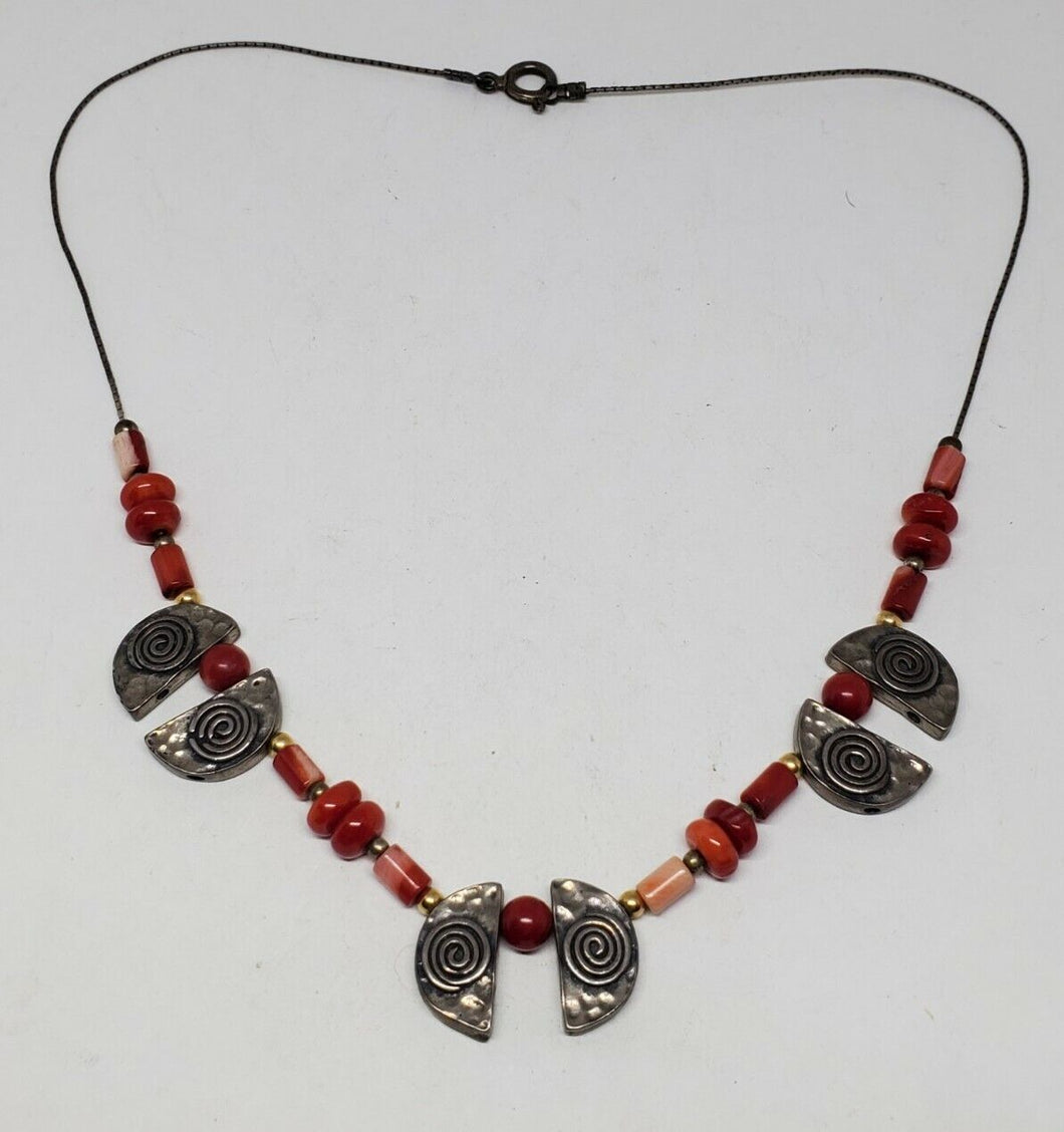 Vintage Handmade Sterling Silver Red Coral Half Circle Swirl Beaded Necklace