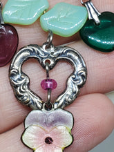 Vintage Sterling Silver Hearts, Enamel Flower, Opalite Beaded Safety Pin Brooch