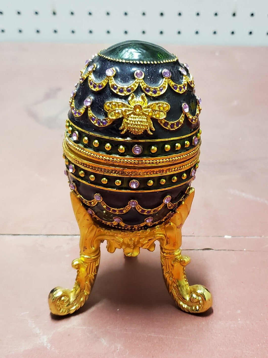 Vtg Bijou Gold Tone Enamel Rhinestone Studded Decorative Egg Music Jewelry Box