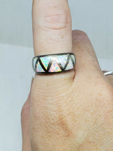 Vintage Sterling Silver Simulated Opal Triangle Inlay Low Dome Band Ring Size 7