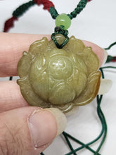 Vintage Hand Carved Lotus Green & Brown Jade Flower Necklace Hand Woven Chain