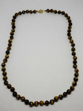 Vintage 14k Yellow Gold Tiger's Eye Handknotted Necklace Filigree Clasp 24"