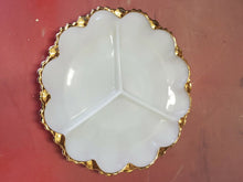 Vintage Anchor Hocking White Milk Glass Gold Trim Divided Serving Plate 10"