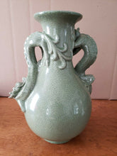 Vintage Chinese Green Double Dragon Crackle Vase 12"