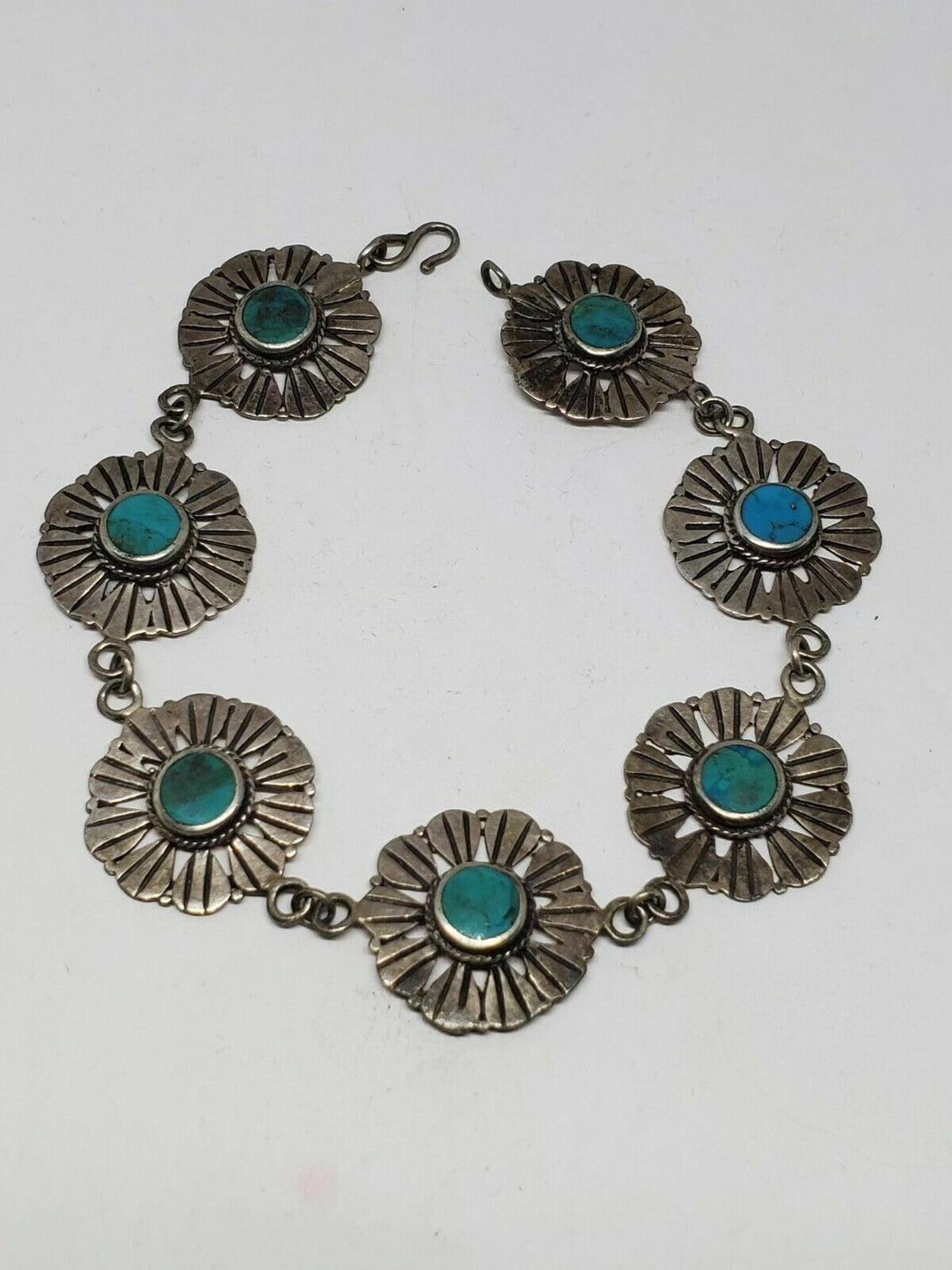 Vintage Navajo Sterling Silver Turquoise Flower Stamped Accent Bracelet  8 1/4