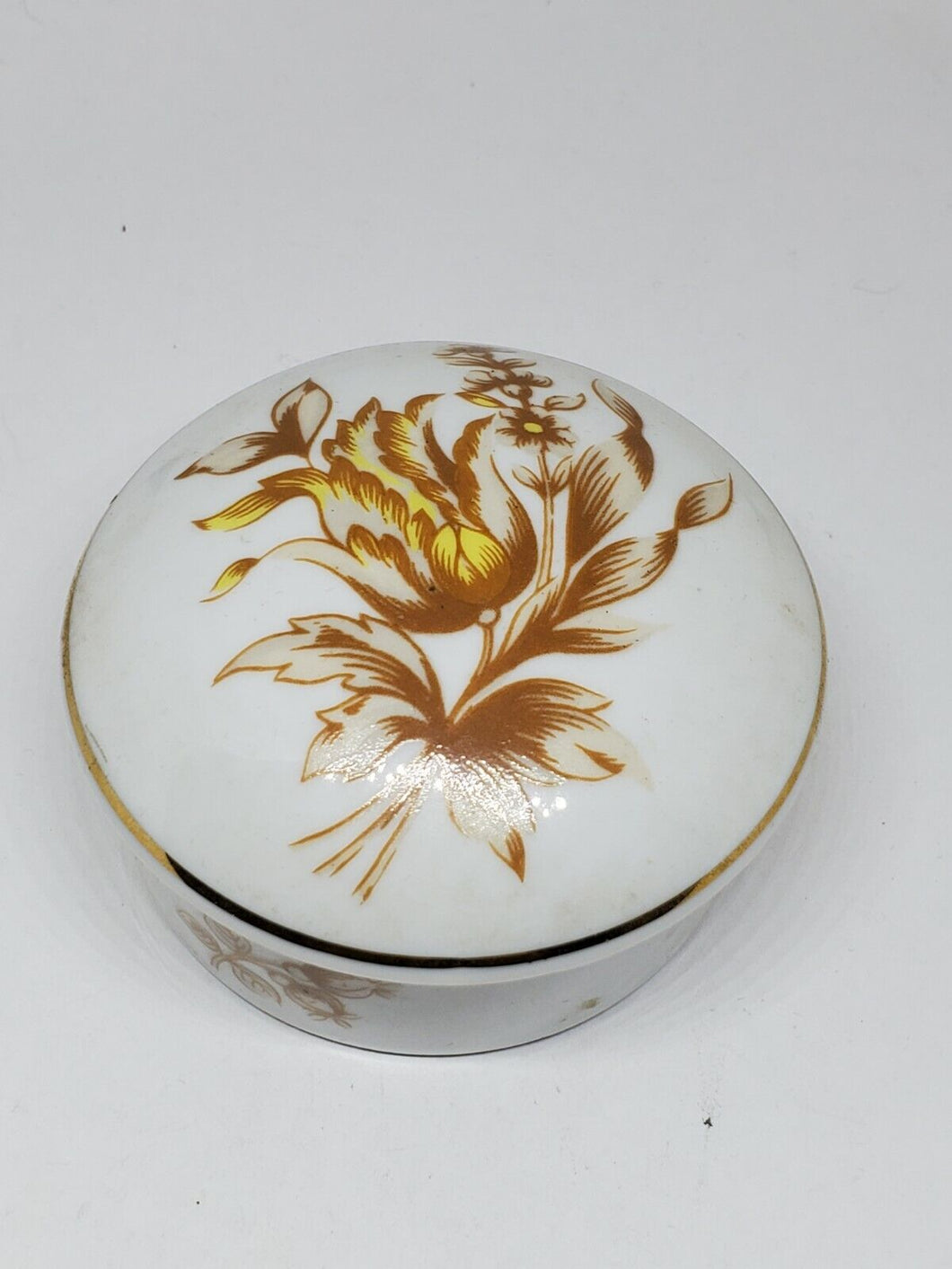 Vintage Hollohaza Hungary Brown And Yellow Flower White Porcelain Trinket Box