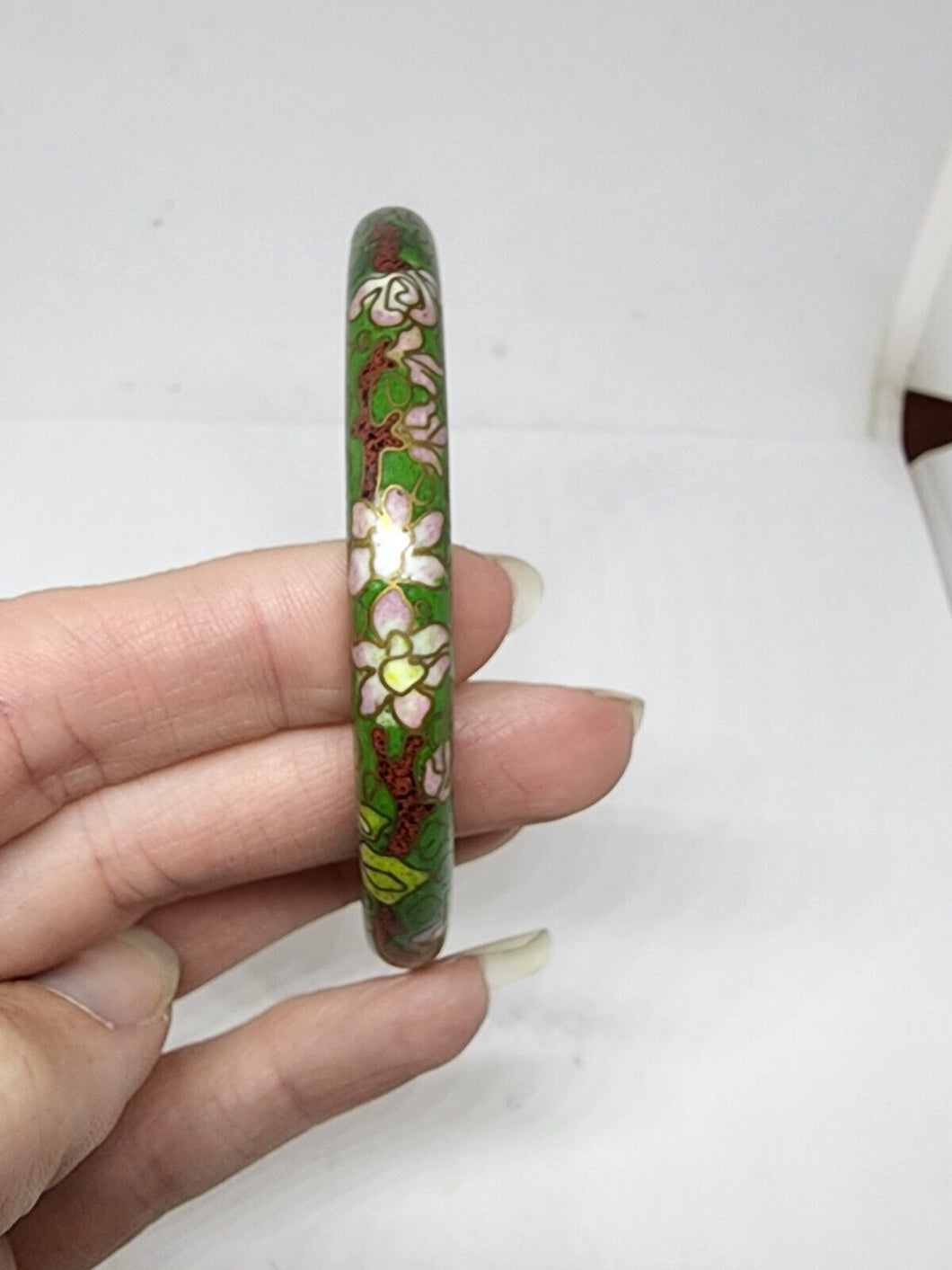 Vintage Chinese Green Cloisonne Flower Enamel Bangle Bracelet