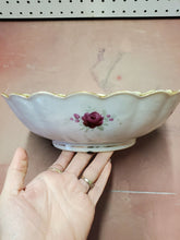 Antique Victorian Green Hand Painted Scalloped Bowl Pink Roses Gold Trim