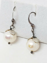 Sterling Silver Off Round Freshwater Pearl Seashell Accent Drop Earrings