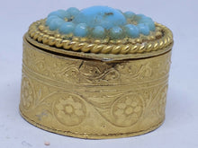 Vintage Gold Tone Faux Turquoise Filigree Floral Pill Box