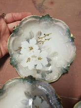 Antique RS Prussia Lusterware White Flowers Green Scalloped Gold Fruit Bowls