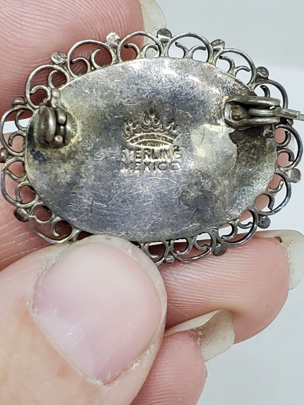 Vintage Sterling Silver Mexico Abalone Shell Filigree Oval Brooch Crow Fire And Stone Jewelry