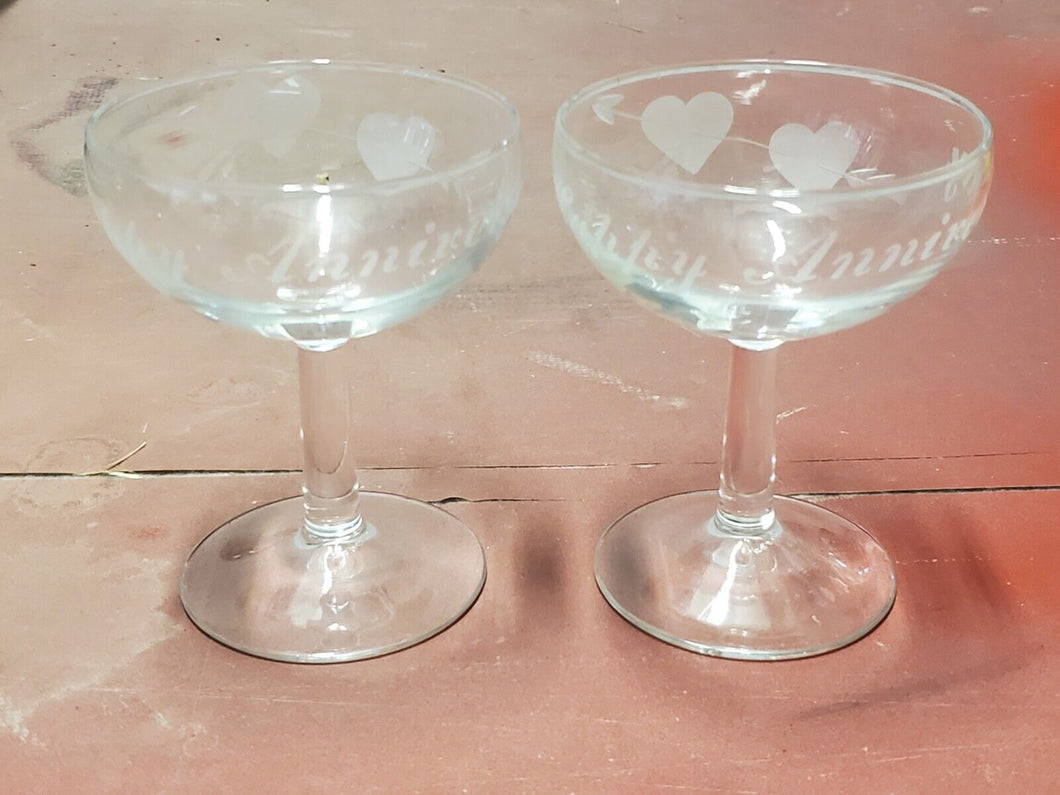 Engraved Happy Anniversary Double Heart And Arrow Champagne Toasting Glasses