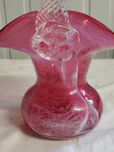 Vintage Rossi Cranberry Glass White Swirl Basket Vase