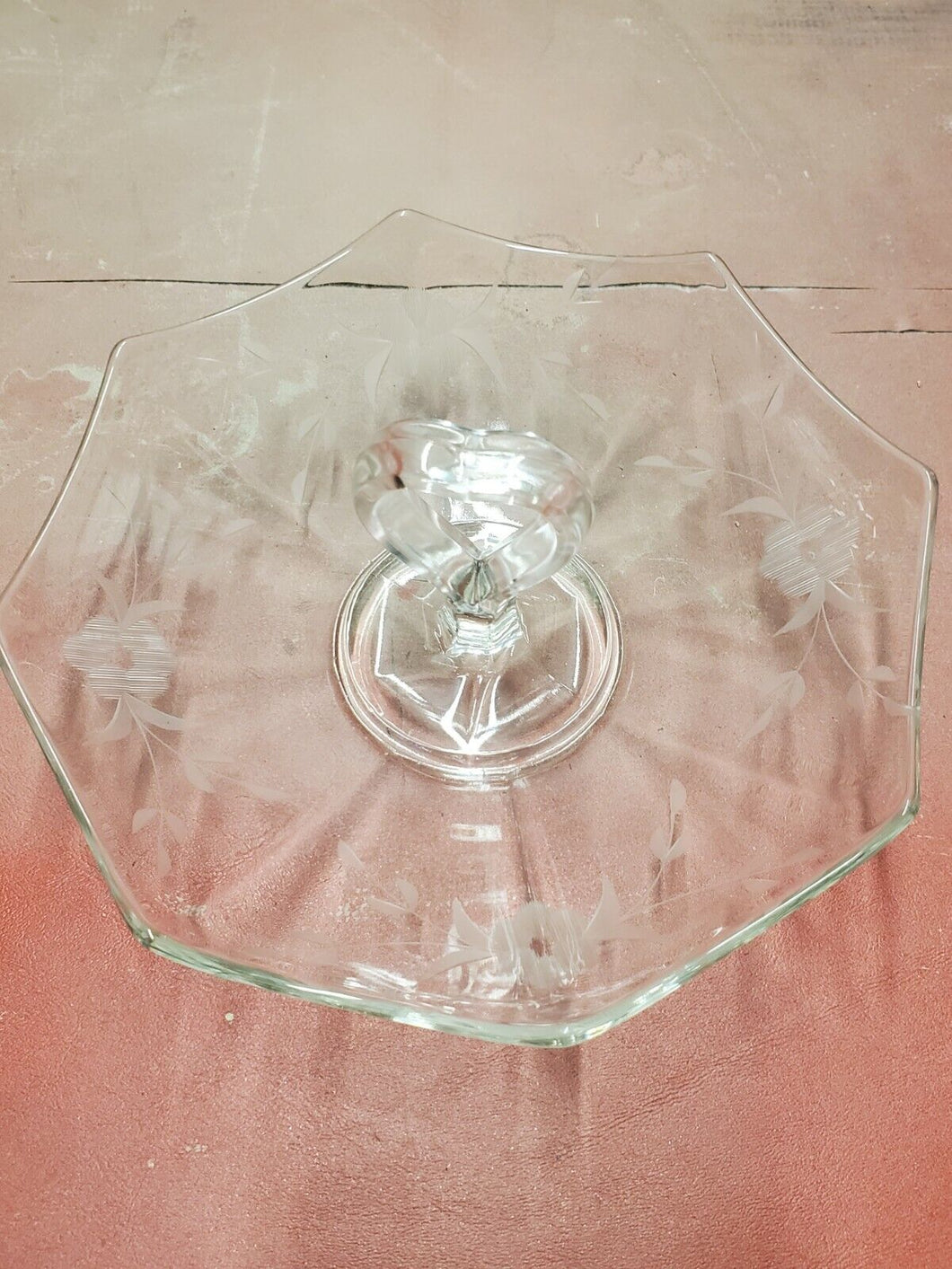 Vintage Clear Glass Etched Flower Heart Handle Scalloped Candy Dish