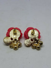 Pink Resin Rose Flower Rhinestone and Pearl Goldtone Stud Earrings