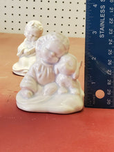 Vintage White Blue Tone Small Angel Cherub Figurines Violin Puppy
