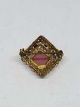 Vintage Czech Gold Tone Pink Satin Glass & Pink Rhinestone Diamond Shaped Brooch