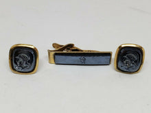 Vintage Gold Tone Hematite Carved Intaglio Roman Soldier Cufflinks and Tie Clip