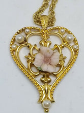 Vintage AVON Signed Designer Gold Tone Rose and Pearl Heart Necklace