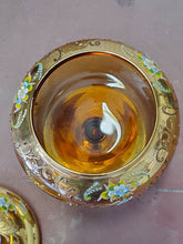 Vtg Czech Bohemian Amber Gold Gilt Art Glass Enamel Flowers Pedestal Candy Dish